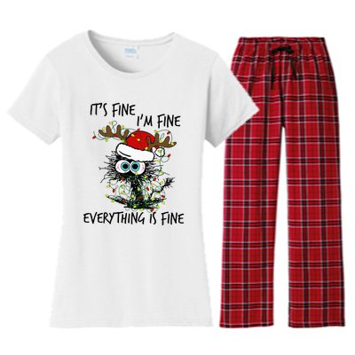 Deer Its Fine I'm Fine Everything is Fine Christmas Tree Cat Women's Flannel Pajama Set