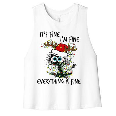 Deer Its Fine I'm Fine Everything is Fine Christmas Tree Cat Women's Racerback Cropped Tank