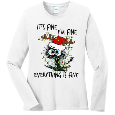 Deer Its Fine I'm Fine Everything is Fine Christmas Tree Cat Ladies Long Sleeve Shirt