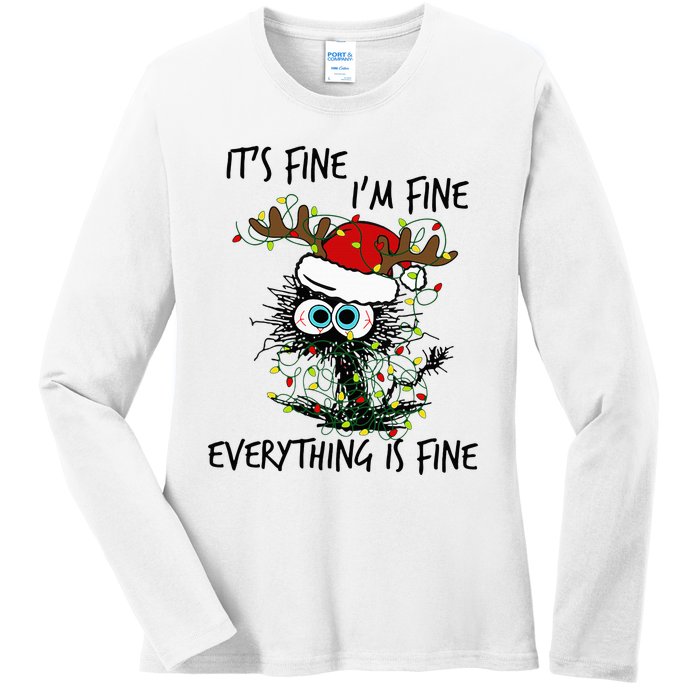 Deer Its Fine I'm Fine Everything is Fine Christmas Tree Cat Ladies Long Sleeve Shirt