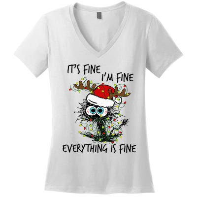 Deer Its Fine I'm Fine Everything is Fine Christmas Tree Cat Women's V-Neck T-Shirt