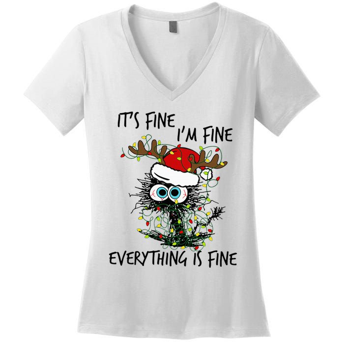 Deer Its Fine I'm Fine Everything is Fine Christmas Tree Cat Women's V-Neck T-Shirt