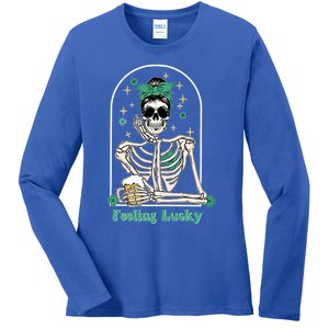 Dead Inside Feeling Lucky Skeleton Shamrocks Patrick's Day Great Gift Ladies Long Sleeve Shirt