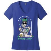 Dead Inside Feeling Lucky Skeleton Shamrocks Patrick's Day Great Gift Women's V-Neck T-Shirt