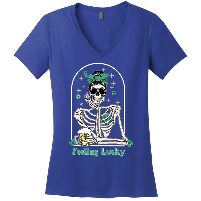 Dead Inside Feeling Lucky Skeleton Shamrocks Patrick's Day Great Gift Women's V-Neck T-Shirt