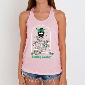 Dead Inside Feeling Lucky Skeleton Shamrocks Patrick's Day Great Gift Women's Knotted Racerback Tank