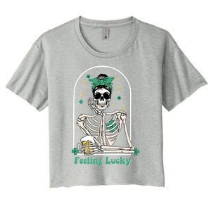 Dead Inside Feeling Lucky Skeleton Shamrocks Patrick's Day Great Gift Women's Crop Top Tee