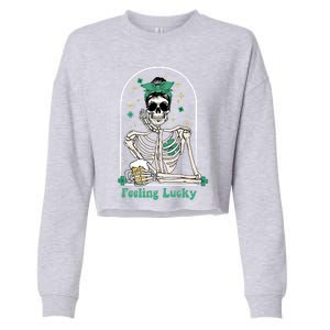 Dead Inside Feeling Lucky Skeleton Shamrocks Patrick's Day Great Gift Cropped Pullover Crew