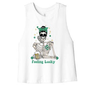 Dead Inside Feeling Lucky Skeleton Shamrocks Patrick's Day Great Gift Women's Racerback Cropped Tank