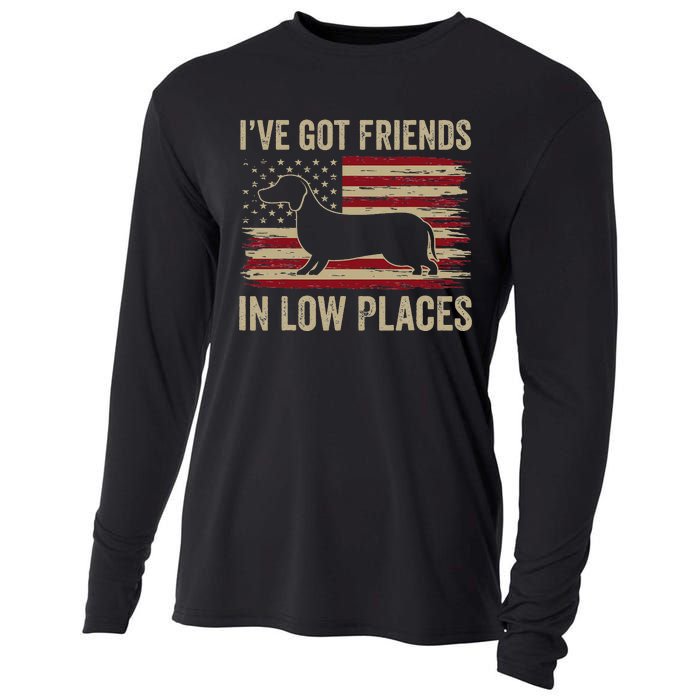 Dachshund I've Got Friends In Low Places Wiener Dog Vintage Cooling Performance Long Sleeve Crew