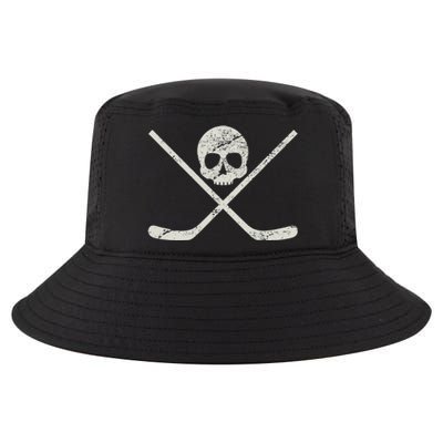 Distressed Ice Hockey Goon Pirate Skull Sticks Cool Comfort Performance Bucket Hat