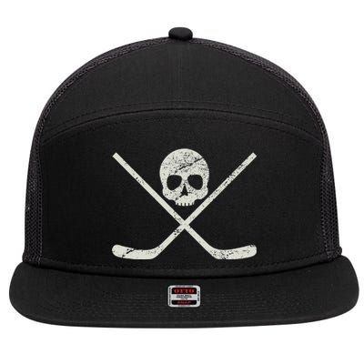 Distressed Ice Hockey Goon Pirate Skull Sticks 7 Panel Mesh Trucker Snapback Hat