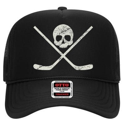 Distressed Ice Hockey Goon Pirate Skull Sticks High Crown Mesh Back Trucker Hat