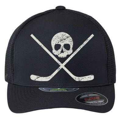 Distressed Ice Hockey Goon Pirate Skull Sticks Flexfit Unipanel Trucker Cap