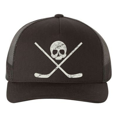 Distressed Ice Hockey Goon Pirate Skull Sticks Yupoong Adult 5-Panel Trucker Hat