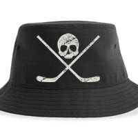 Distressed Ice Hockey Goon Pirate Skull Sticks Sustainable Bucket Hat