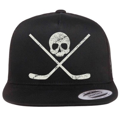 Distressed Ice Hockey Goon Pirate Skull Sticks Flat Bill Trucker Hat