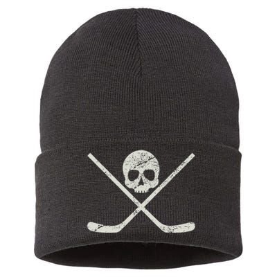 Distressed Ice Hockey Goon Pirate Skull Sticks Sustainable Knit Beanie