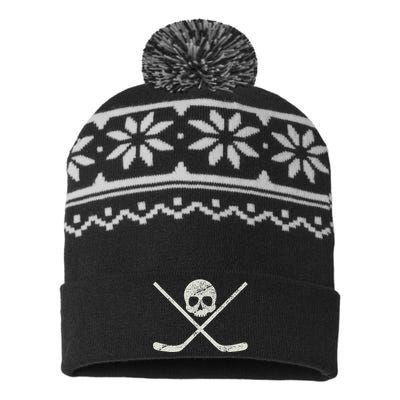 Distressed Ice Hockey Goon Pirate Skull Sticks USA-Made Snowflake Beanie