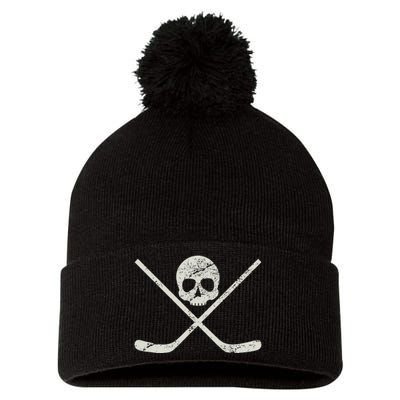 Distressed Ice Hockey Goon Pirate Skull Sticks Pom Pom 12in Knit Beanie