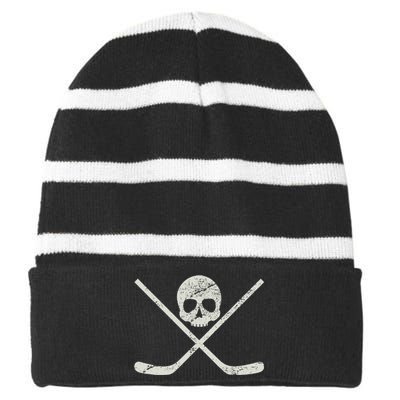 Distressed Ice Hockey Goon Pirate Skull Sticks Striped Beanie with Solid Band