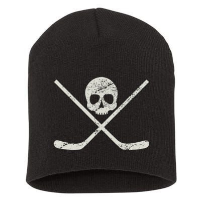 Distressed Ice Hockey Goon Pirate Skull Sticks Short Acrylic Beanie