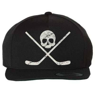 Distressed Ice Hockey Goon Pirate Skull Sticks Wool Snapback Cap