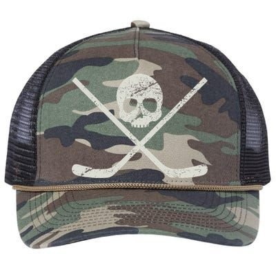 Distressed Ice Hockey Goon Pirate Skull Sticks Retro Rope Trucker Hat Cap