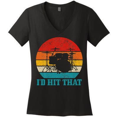 Drummer ID Hit That Funny Gift Drum Set Drumming Vintage Women's V-Neck T-Shirt