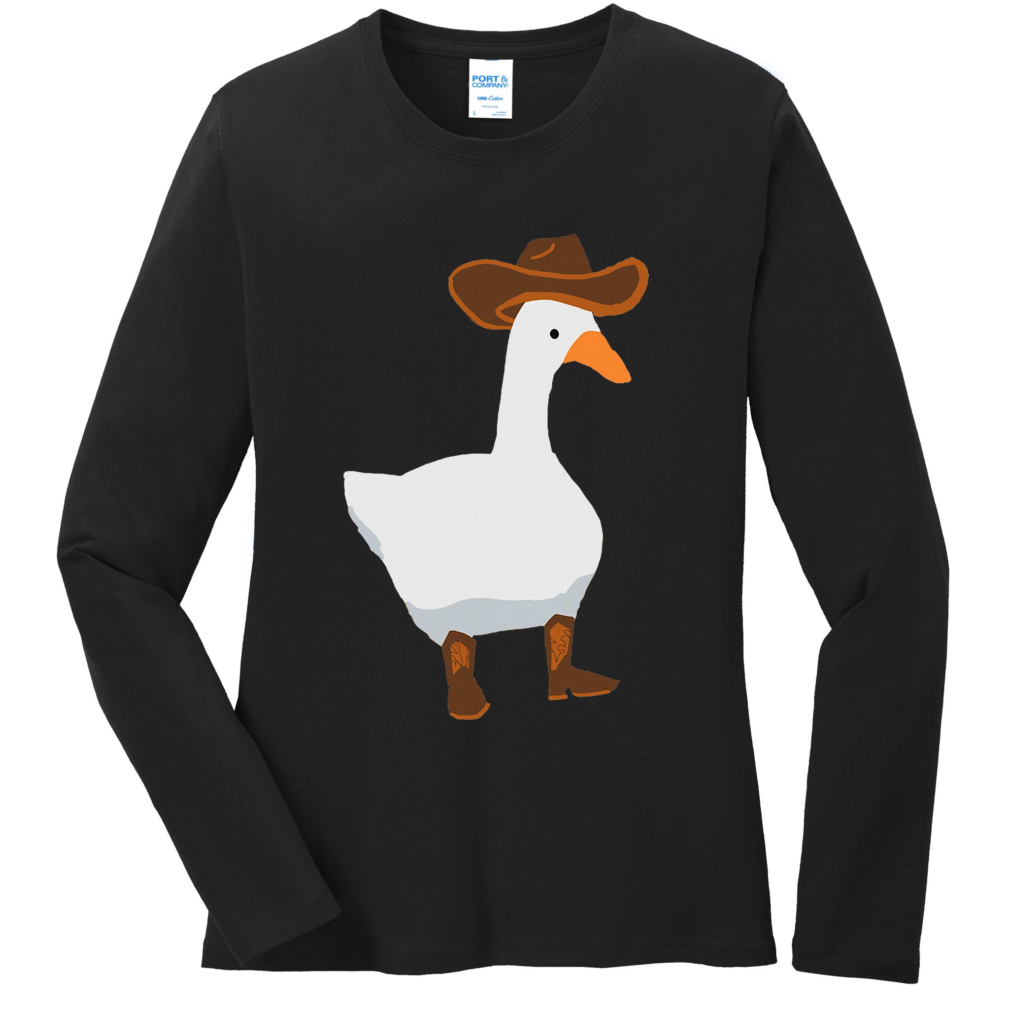 Duck In His Cowboy Hat Goose In Boots Ladies Long Sleeve Shirt