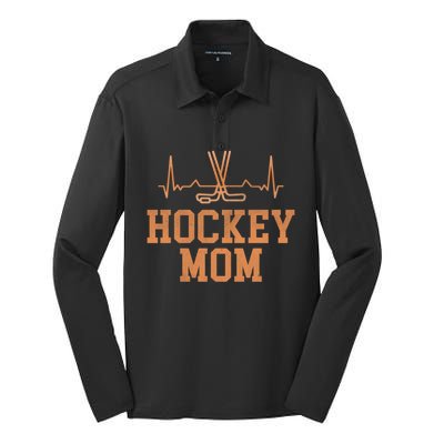 Distressed Ice Hockey Heartbeat Mom Ice Hockey Mothers Puck Gift Silk Touch Performance Long Sleeve Polo