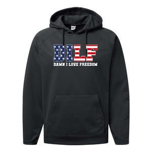 Damn I Love Freedom Funny Dilf Usa Flag Performance Fleece Hoodie