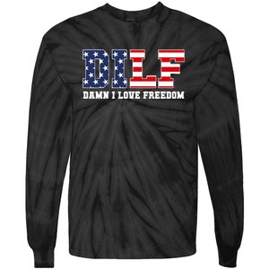 Damn I Love Freedom Funny Dilf Usa Flag Tie-Dye Long Sleeve Shirt