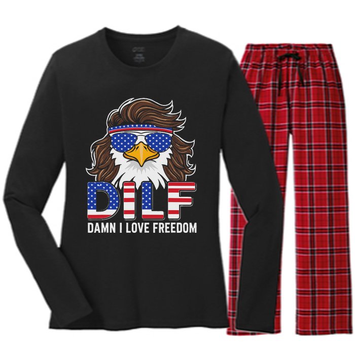 Damn I Love Freedom Eagle Funny Patriotic July 4th Women's Long Sleeve Flannel Pajama Set 