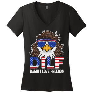 Damn I Love Freedom Eagle Funny Patriotic July 4th Women's V-Neck T-Shirt