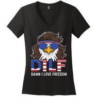 Damn I Love Freedom Eagle Funny Patriotic July 4th Women's V-Neck T-Shirt