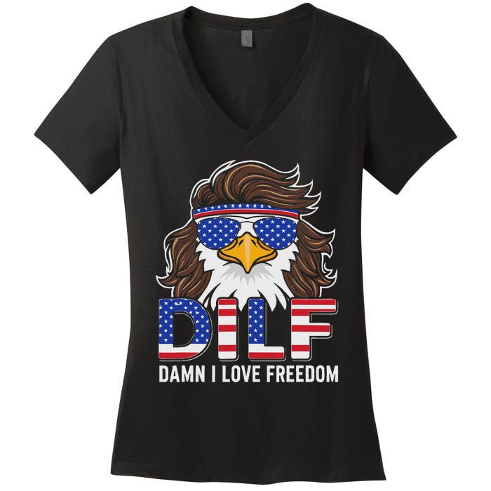 Damn I Love Freedom Eagle Funny Patriotic July 4th Women's V-Neck T-Shirt