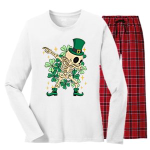 Dabbing Irish Leprechaun Skeleton Shamrocks Novelty Gift Women's Long Sleeve Flannel Pajama Set 