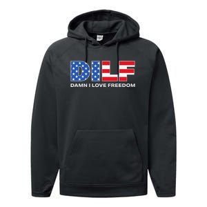 Damn I Love Freedom Dilf Funny Patriotic Dad Father's Day Performance Fleece Hoodie