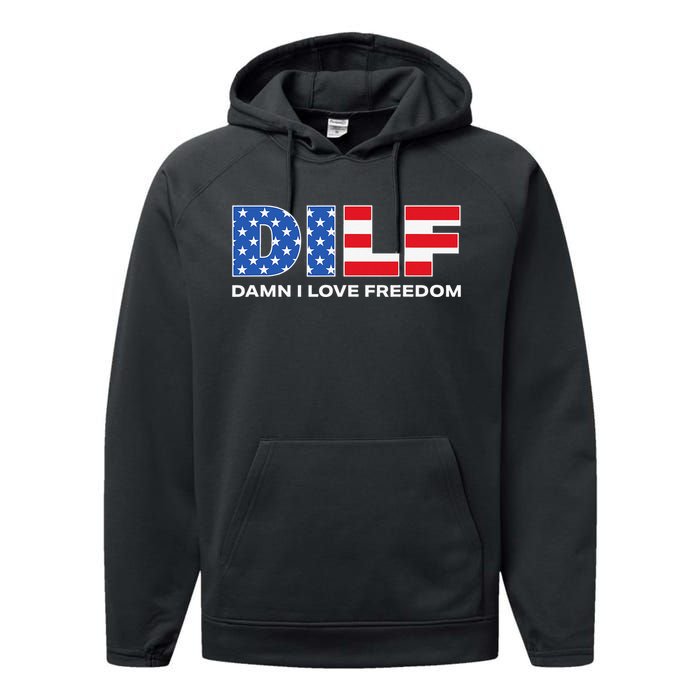 Damn I Love Freedom Dilf Funny Patriotic Dad Father's Day Performance Fleece Hoodie