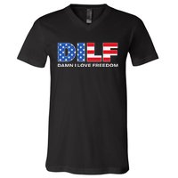 Damn I Love Freedom Dilf Funny Patriotic Dad Father's Day V-Neck T-Shirt