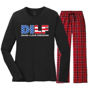 Damn I Love Freedom Dilf Funny Patriotic Dad Fathers Day Women's Long Sleeve Flannel Pajama Set 