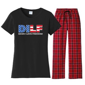 Damn I Love Freedom Dilf Funny Patriotic Dad Fathers Day Women's Flannel Pajama Set