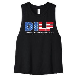 Damn I Love Freedom Dilf Funny Patriotic Dad Fathers Day Women's Racerback Cropped Tank