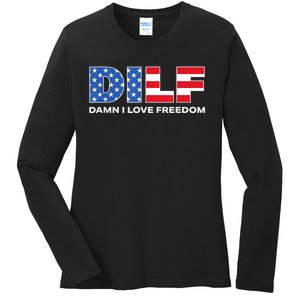 Damn I Love Freedom Dilf Funny Patriotic Dad Fathers Day Ladies Long Sleeve Shirt