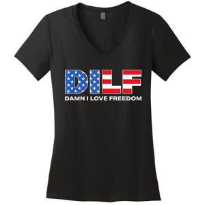 Damn I Love Freedom Dilf Funny Patriotic Dad Fathers Day Women's V-Neck T-Shirt