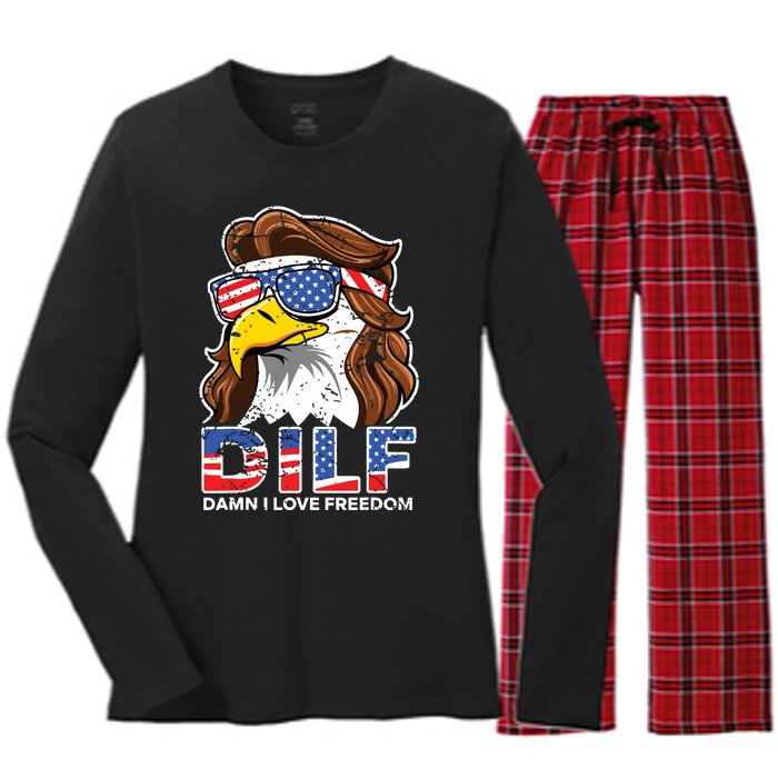 Damn I Love Freedom Eagle Funny Patriotic July 4th Women's Long Sleeve Flannel Pajama Set 