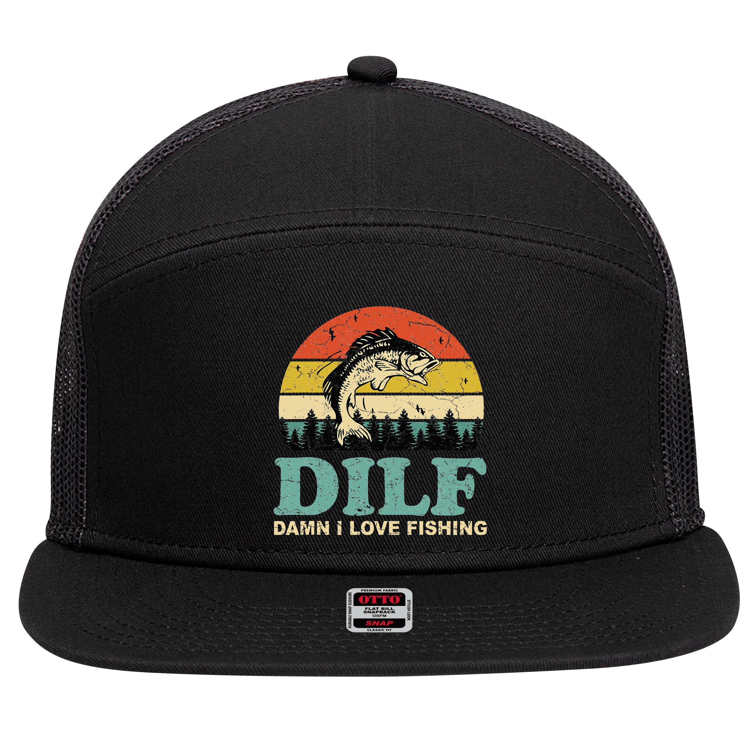 DILF-Damn I Love Fishing Funny Saying Fisher 7 Panel Mesh Trucker Snapback Hat