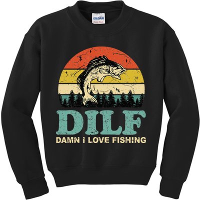 DILF-Damn I Love Fishing Funny Saying Fisher Kids Sweatshirt