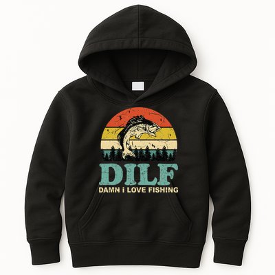 DILF-Damn I Love Fishing Funny Saying Fisher Kids Hoodie